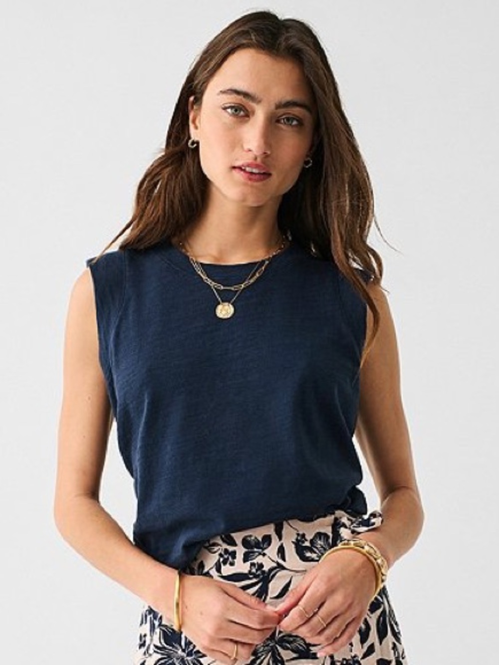 Faherty Navy Sunwash Organic Cotton Slub Knit Crew Neck Sleeveless Muscle Tank M